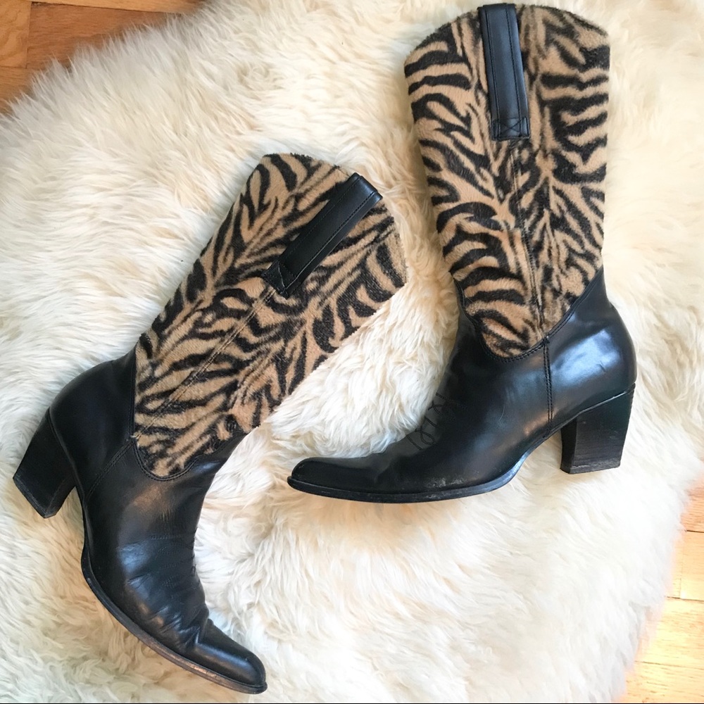 Leather & Animal Print Pointed Toe Cowboy Boot